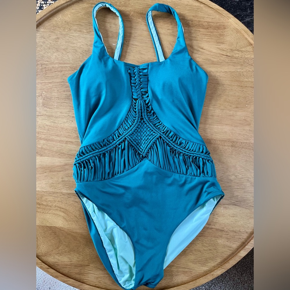 Dolce Vita Teal One Piece Swimsuit Womens Macrame Back Cutout Boho Swimwear